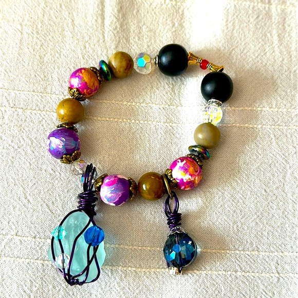 Artisan Purple and Black Bracelet Charms handmade OOAK hand painted beads 0778 g - Picture 1 of 12